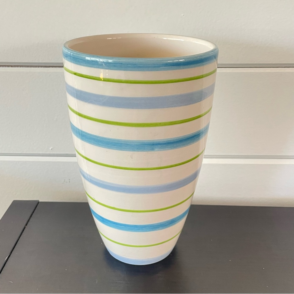 $10 SALE Elegant Blue Green Striped Vase Home Accent Floral Decor Ceramic Pot - Picture 3 of 7